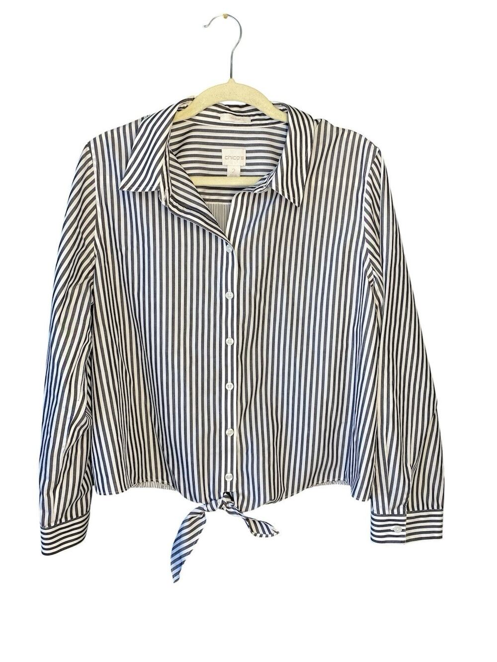 Chicos No Iron Shirt Womens 2 US Large Striped Button Tie Front Roll Tab Sleeve